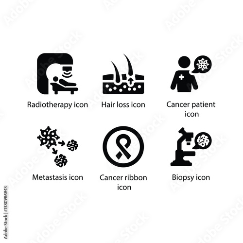 Radiotherapy, Hair loss, Cancer patient, Metastasis, Cancer ribbon, Biopsy, Black Icon Set