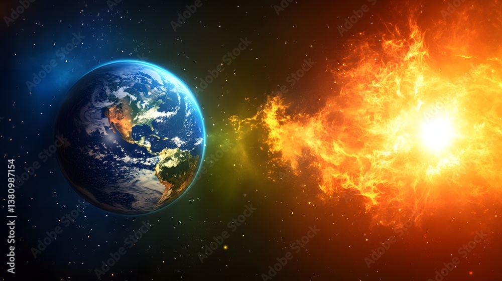 Fototapeta premium Beautiful sunrise on the planet Earth with blue glowing light
