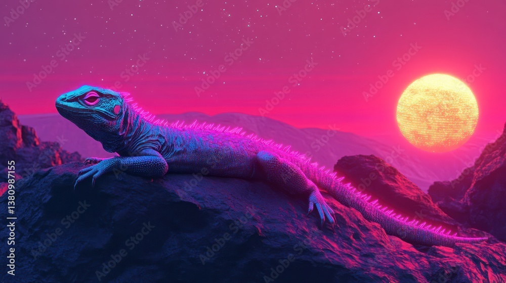 Resting Lizard on Rock with Fantasy Sky and Setting Sun