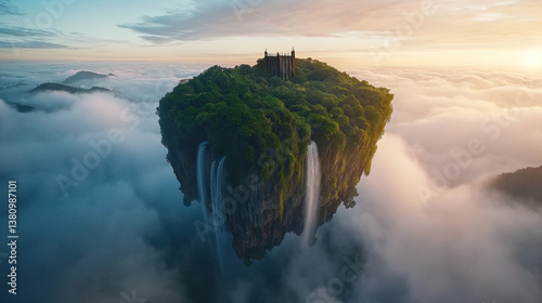 Surreal floating landmass with dense forests and shimmering waterfalls disappearing into mist, crowned by a regal fortress at sunset with swirling clouds Generative AI