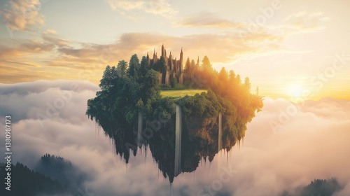 Surreal floating landmass with dense forests and shimmering waterfalls disappearing into mist, crowned by a regal fortress at sunset with swirling clouds Generative AI