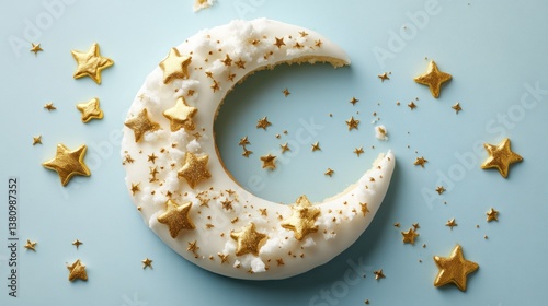 Obraz na płótnie Decorative Crescent Moon with Golden Stars on Light Blue Background w salonie