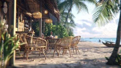 Obraz na płótnie Beach Bar with Rattan Furniture Offers Tropical Relaxation by the Sea w salonie