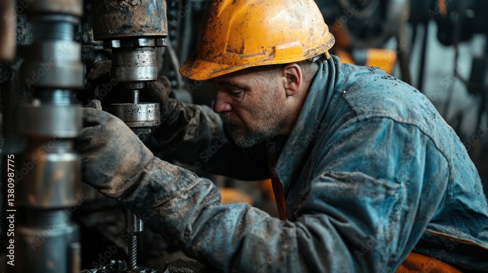 Man Operating Industrial Drill Press Machine Wearing Hard Hat and Gloves