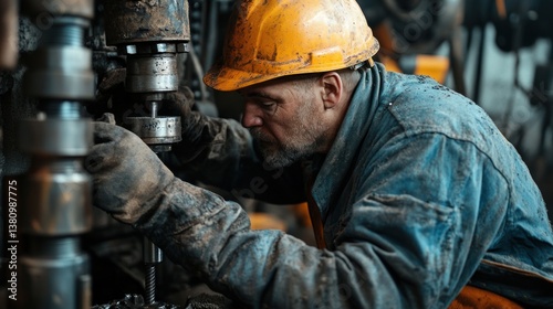 Obraz na płótnie Man Operating Industrial Drill Press Machine Wearing Hard Hat and Gloves w salonie
