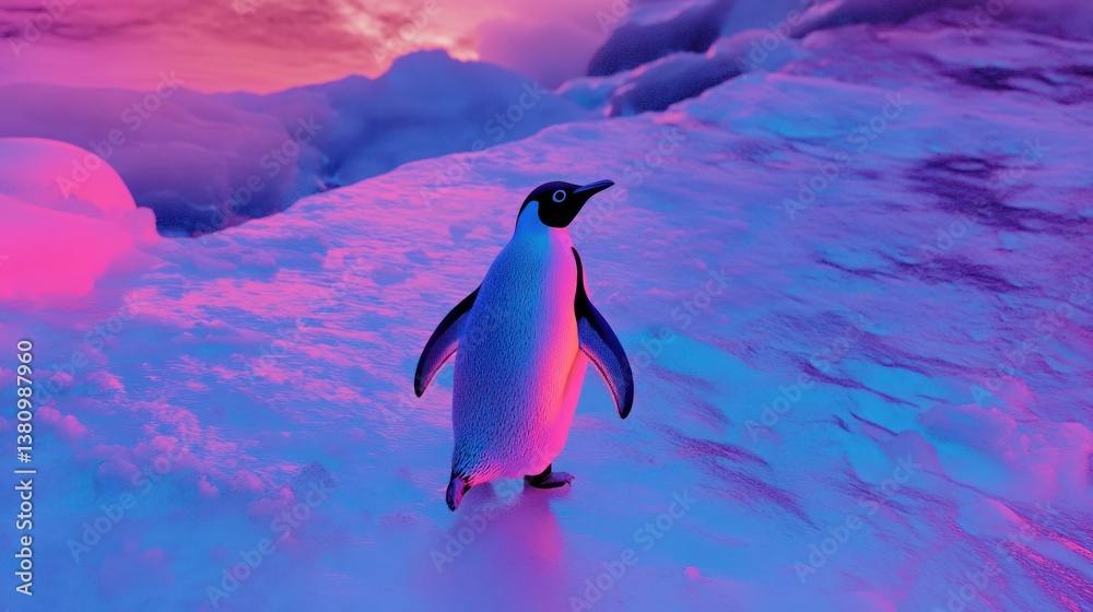 Penguin Walking on Ice Under a Colorful Sky at Sunset