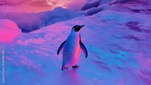 Obraz na płótnie Penguin Walking on Ice Under a Colorful Sky at Sunset w salonie