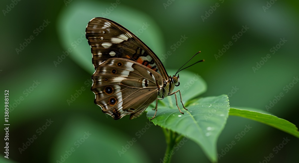 Obraz premium Purple Emperor butterfly resting on green leaf, detailed wing patterns in natural setting.
