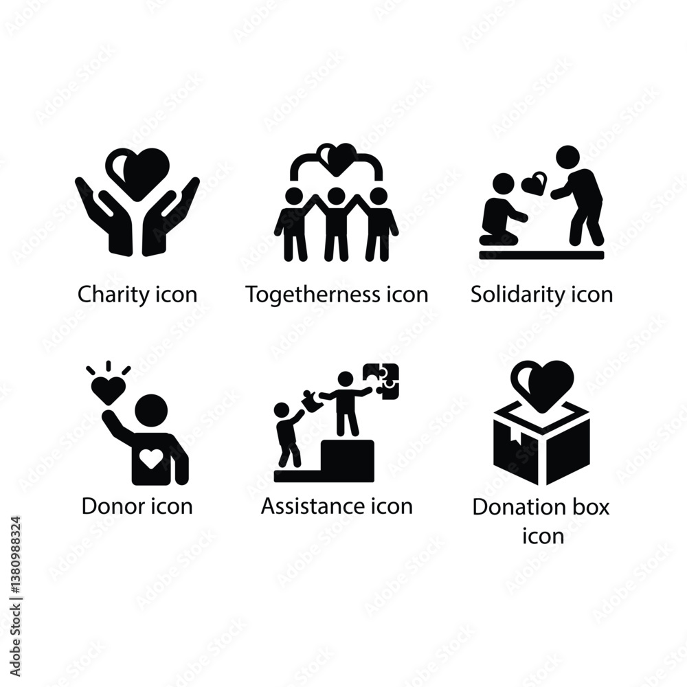 Fototapeta premium Charity, Togetherness, Solidarity, Donor, Assistance, Donation box, Black Icon Set