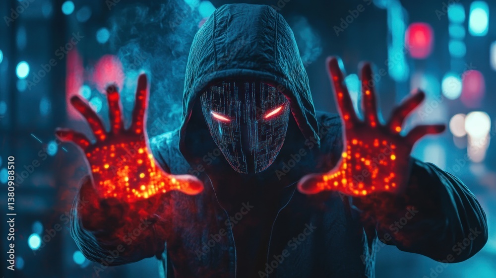 Hooded Figure Manipulating Digital Energy with Hands in Urban Setting