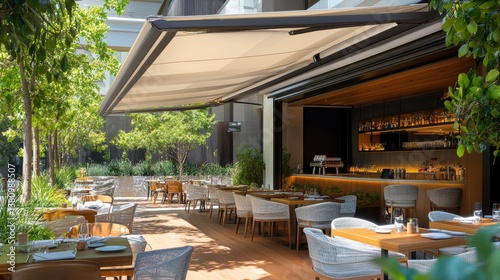 Modern Outdoor Restaurant with Shade and Greenery