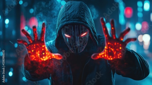 Hooded Figure Manipulating Digital Energy with Hands in Urban Setting