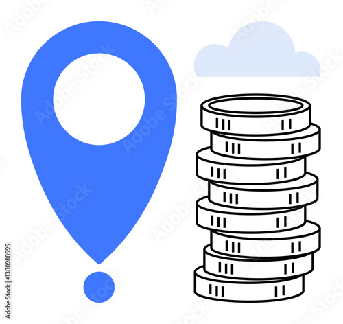 Blue location pin, coin stack, cloud symbolizing financial growth, resource allocation, savings. Ideal for finance, budgeting, investment planning, location services cloud technology tracking
