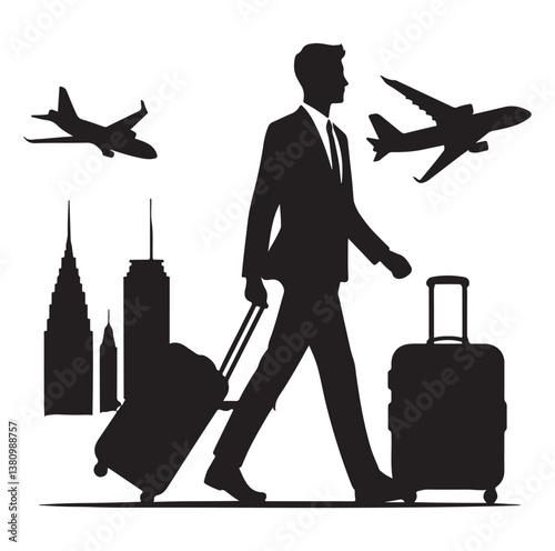 Person pulling carry-on luggage on business travel flat Silhouettes vector.