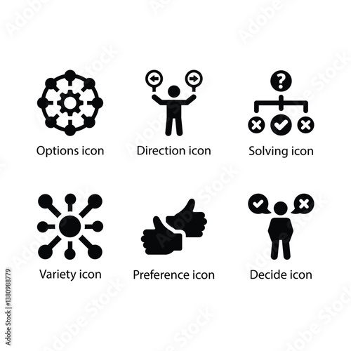 Options, Direction, Solving, Variety, Preference, Decide, Black Icon Set