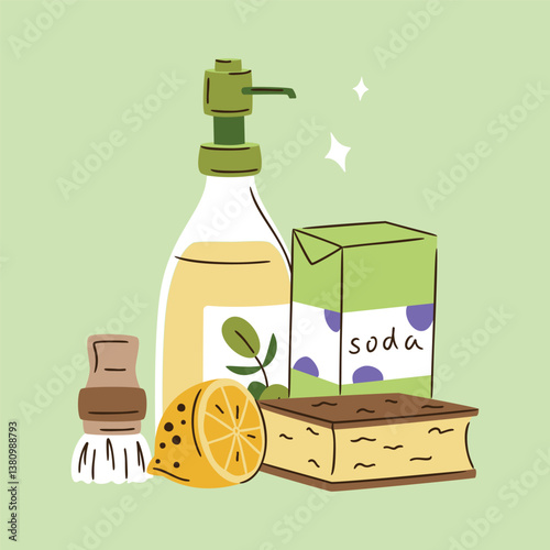 Eco-friendly cleaning products set with lemon, soda, wooden brush, sponge. Organic natural ecological cleaners, brushes. Green housework stuff, zero waste lifestyle.  Flat vector illustration.
