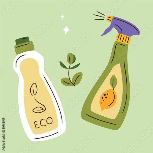 Spray bottle of Eco-friendly Green detergent product for different surfaces in kitchen, bathroom and other rooms. Spring cleaning. Zero waste lifestyle, Green home concept.