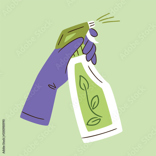 Hands wearing protective rubber gloves and holding spray bottle with eco cleaning detergent. Organic natural ecological cleaners. Green housework stuff, zero waste life.
