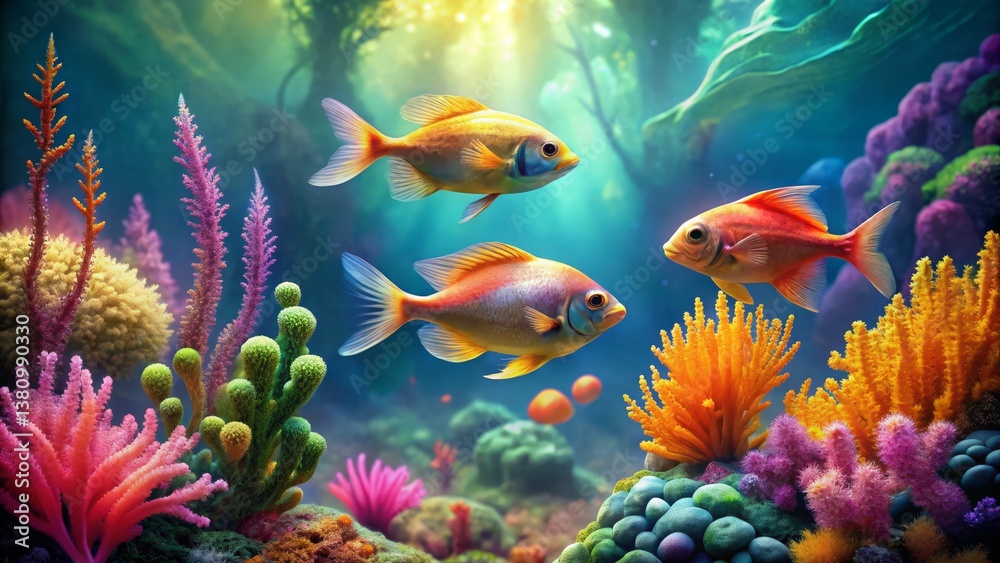 Fototapeta premium Vibrant Underwater Scene with Colorful Fish and Coral Reefs