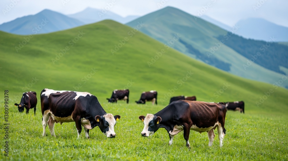 Organic dairy Concept, Scenic Green Pasture with Grazing Cows on a Lush Mountain Landscape Under Bright Sky Organic dairy Concept, Scenic Green Pasture with Grazing Cows on a Lush Mountain Landscape Under Bright Sky
