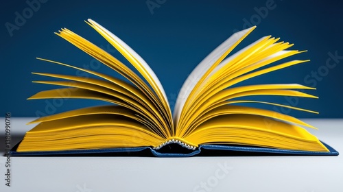 Open book with yellow pages on white table against blue background in spring style