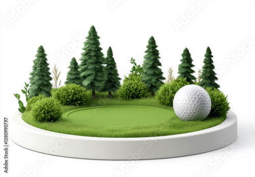 Low Poly 3D Render of Golf Putting Green with Two Golf Balls and Miniature Trees