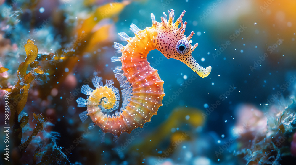 A stunning top-down view of a camouflaged seahorse, blending perfectly into its surroundings among soft coral and seaweed. A stunning top-down view of a camouflaged seahorse, blending perfectly into its surroundings among soft coral and seaweed.