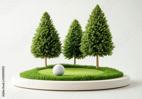 Miniature Golf Course with Green Trees and White Golf Ball on White Background