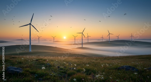 Wind Turbines at Sunrise with Fog and Birds Flying Over Landscape