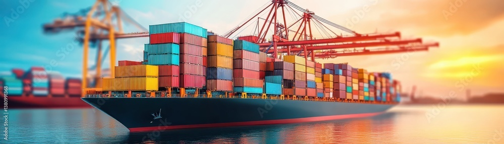 Fototapeta premium International container ship, transporting cargo across the ocean on sunny day