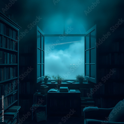  Abstract a cozy library filled with books, an open window showing the night sky art illustration design
