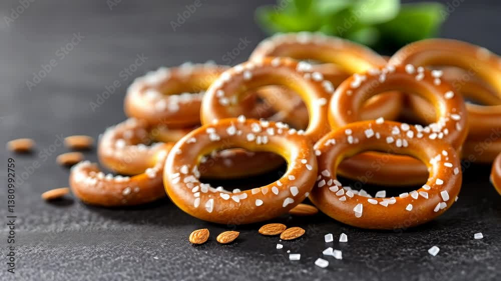 Savoring the delightful experience of freshly baked soft pretzels topped with coarse salt and crunchy seeds, all on a beautiful dark countertop