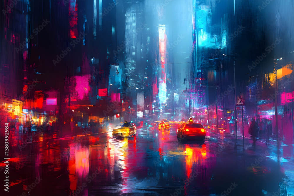 Fototapeta premium A vibrant night time city scene with neon reflections and lights