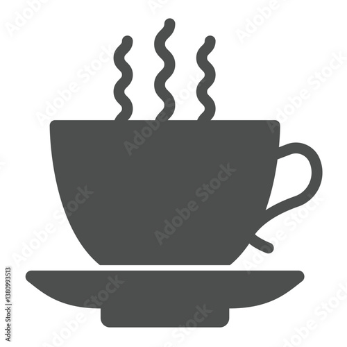 Cup of hot coffee solid icon, tropical voyage concept. Vector graphics. Coffee drink cup with ceramic saucer sign on white background, glyph style icon for mobile or web design.