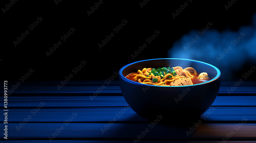 A steaming bowl of noodles with colorful vegetables, set against a dark background, creating an inviting atmosphere perfect for food photography and culinary presentations.