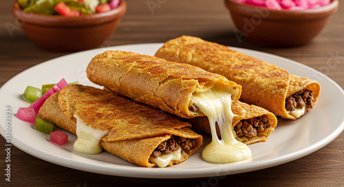 Enchiladas potosinas (stuffed with cheese and fried) served with pickled vegetables on side. photo