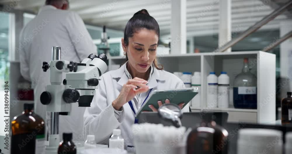 Scientist, woman and microscope at laboratory with tablet, test and review for results in medical research. Person, app and clinical trial for pharmaceuticals, perspective and solution by computer