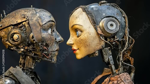 A Close Encounter: Two Mechanical Automata Gaze Upon Each Other in a Captivating Display of Artificial Intelligence