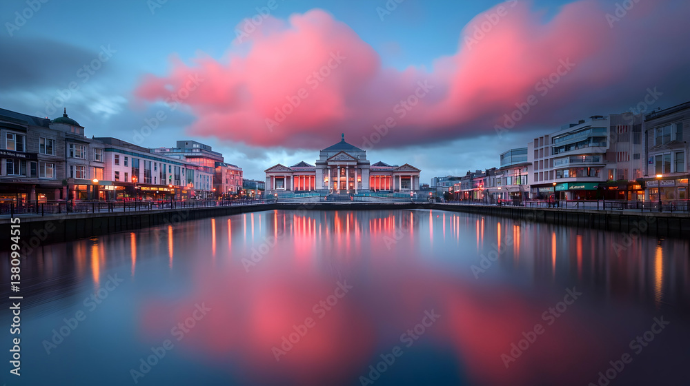 Fototapeta premium Pink Sky Reflection of City Building at Dusk