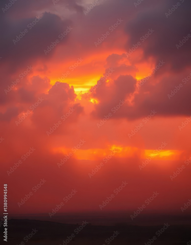 Naklejka premium Orange dust storm at twilight, grey clouds loom , sand, sunset