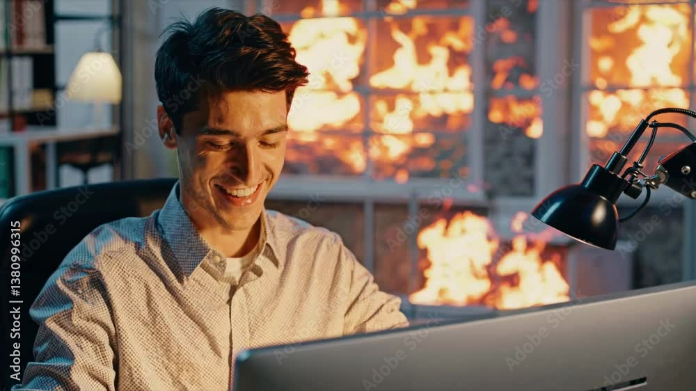 Hombre Sonriendo Ante una Pantalla con Fuego
