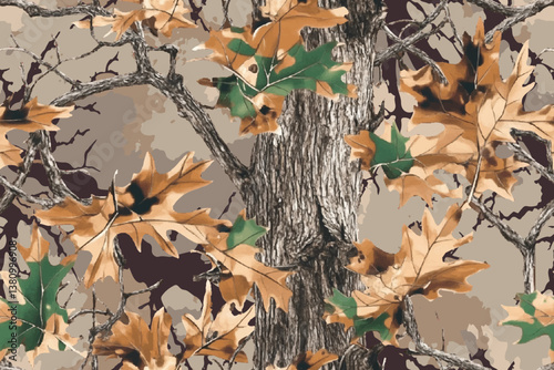 Realistic forest camouflage. Seamless pattern. Trees, branches, green and brown oak leaves. Useable for hunting and military purposes. Digital camo. Vector camouflage background. 