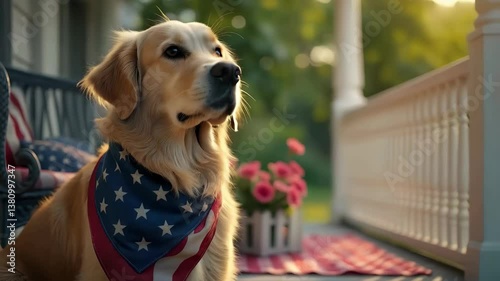 Golden retriever wearing an American flag bandana on a porch, celebrating Independence Day. 