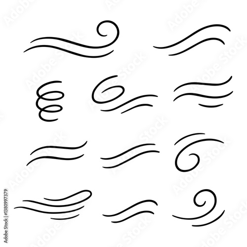 A set of line winds. Air, wind, swirl in doodle illustration style. Vector illustration on white background
