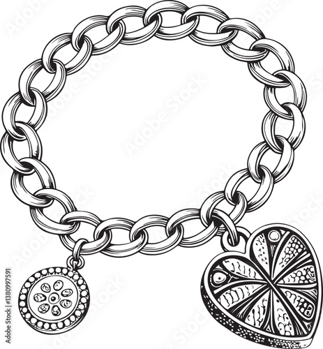 Bracelet Jewelry with Charms Black and White Vector Illustration, Sketch Drawing Line Linear Engraving, Hand-drawn Isolated
