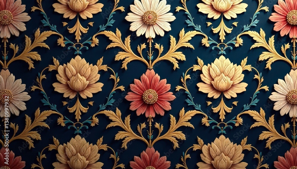 Intricate floral damask wallpaper, elegant gold accents, texture, art, detail