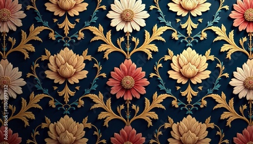 Obraz na płótnie Intricate floral damask wallpaper, elegant gold accents, texture, art, detail w salonie