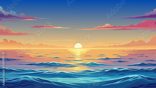 sea waves at sunset time with beautiful sky and clouds cartoon, ocean wallpaper