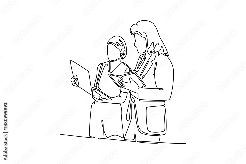 Two colleagues engage in a creative discussion. Community focused concept. Single line draw design. Vector graphic illustration Two colleagues engage in a creative discussion. Community focused concept. Single line draw design. Vector graphic illustration
