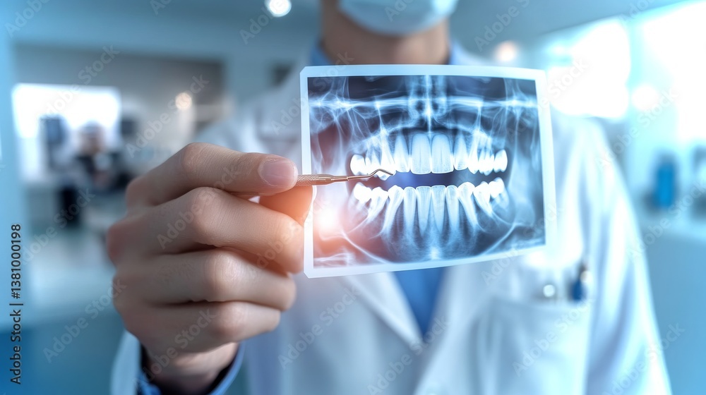 Neon-colored holographic dental X-ray spins in modern dental office environment